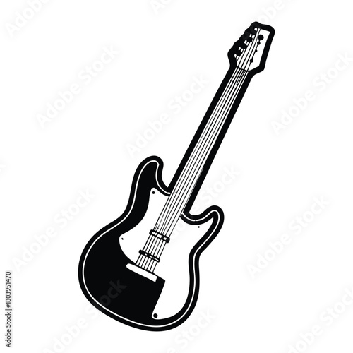 Black and white electric guitar vector illustration, graphic vintage retro style