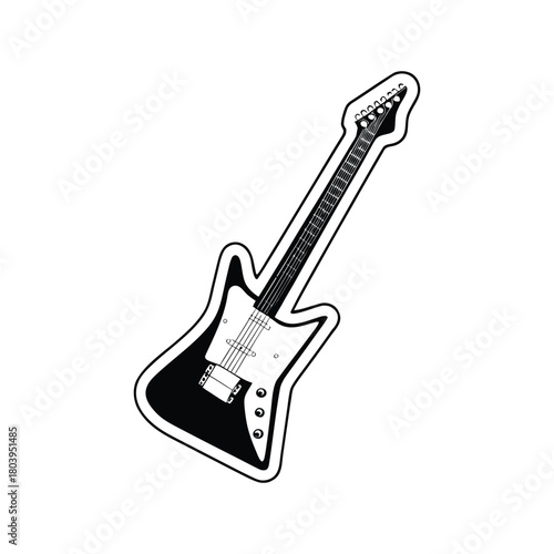 Black and white electric guitar vector illustration, graphic vintage retro style