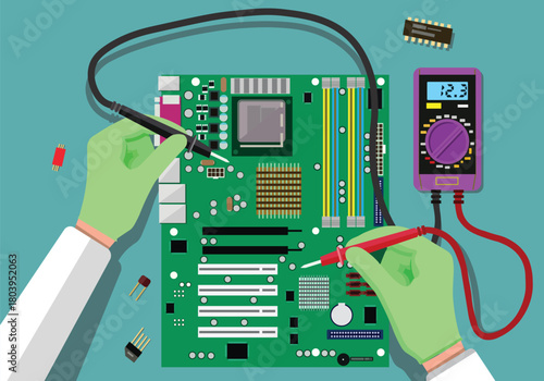 An electronics repairman is checking a circuit using a multimeter, seen from a top view.