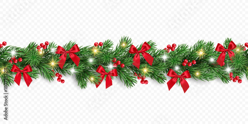 Christmas seamless garland of fir branches, red berries, bows and lights isolated on a transparent background. Vector realistic pine tree branches border for winter decoration banner, poster, greeting