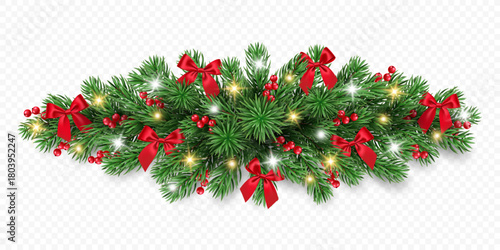 Christmas garland of fir branches, red berries, bows and lights isolated on a transparent background. Vector realistic pine tree branches border for winter decoration banner, poster, greeting card.
