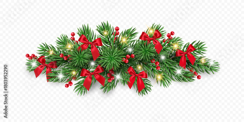 Christmas garland of fir branches, red berries, bows and lights isolated on a transparent background. Vector realistic pine tree branches border for winter decoration banner, poster, greeting card.