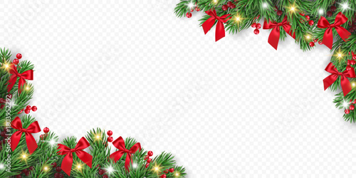 Christmas frame with realistic fir branches, red berries, bows and lights isolated on a transparent background. Vector pine tree branches border for winter decoration banner, poster, greeting card.