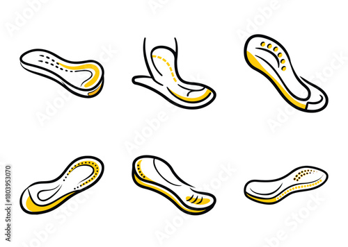 Orthopedic Shoe Insoles and Foot Support Designs, Yellow Accents on White Background
