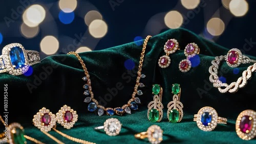 Elegant jewelry collection with gemstones on a velvet surface and bokeh lights