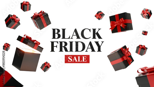 Explosive Black Friday sale event with floating gift boxes and bright light emanating from an open present, creating excitement and urgency for shoppers
