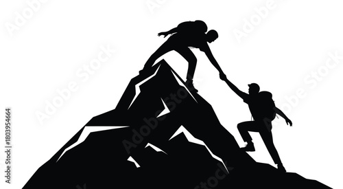 Teamwork Mountain Climbing Illustration – Man Helping Friend Reach Summit With Supportive Hand Gesture In Inspirational Outdoor Vector Scene, Symbolizing Cooperation, Guidance, Leadership, And Success