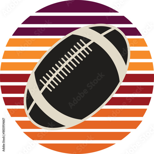 vector illustration of a football over a circle with purple orange and white horizontal stripes in the background design