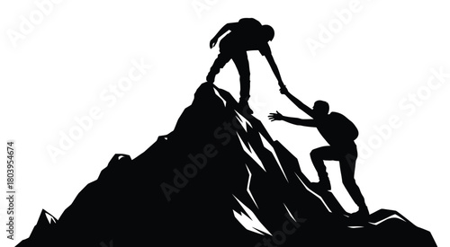 Teamwork Mountain Climbing Illustration – Man Helping Friend Reach Summit With Supportive Hand Gesture In Inspirational Outdoor Vector Scene, Symbolizing Cooperation, Guidance, Leadership, And Success