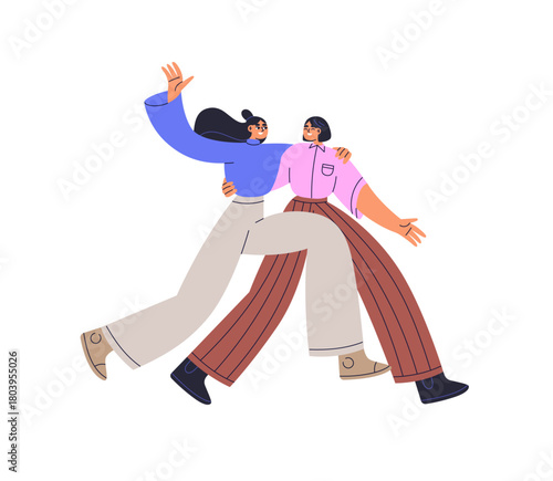 Happy girls, best friends running together. Young female walking, hugging. Women couple embracing with joy, fun, love. Friendship concept. Flat vector illustration isolated on white background