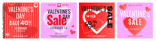 Valentines day Sale Banners with hearts and text. Set of Square Isolated Vector Templates.