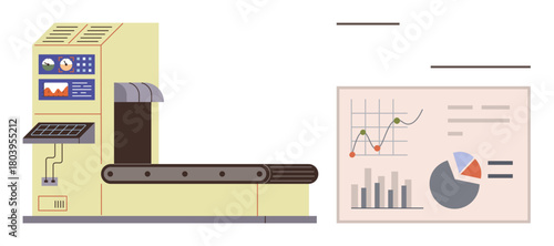 Industrial conveyor belt paired with graphs, pie charts, and performance metrics. Ideal for manufacturing, production, efficiency, workflow, industry analysis logistics business strategy. Simple