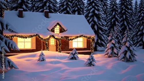 Cozy cabin decorated with lights in snowy forest during winter  