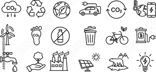 Set of hand drawn icons representing environmental protection and sustainability concepts