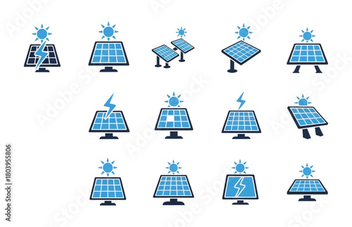 Collection of modern solar panel icons representing renewable energy and sustainable power generation