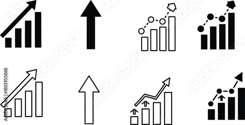 Collection of upward trending bar graphs and arrows