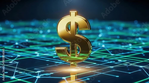 Golden dollar sign on a blue circuit board background with light effect