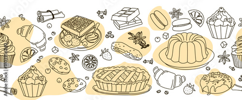 Vector illustration of a seamless pattern featuring a delightful assortment of pastries and desserts, including cupcakes, waffles, and pies. The image captures a variety of sweets, ideal for culinary 