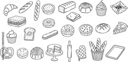 Collection of hand drawn bakery and food items sketch