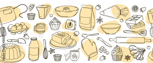 Vector illustration of a seamless pattern with various baking tools and ingredients. Includes a mixer, eggs, flour, measuring cups, and chocolate. Perfect for cooking projects and recipe creation.