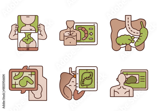 Icon set representing human organ health in digital display format illustration