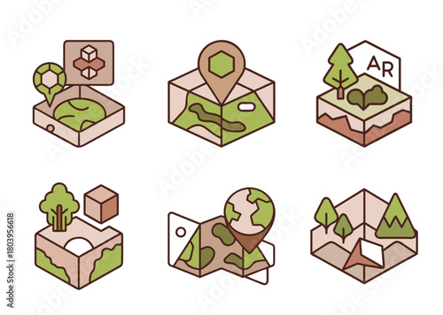 Isometric vector icons representing augmented reality features in cartography and geolocation systems