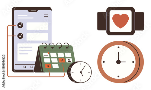 Smartphone checklist, calendar, smart clock, and smartwatch with heart icon emphasizing time management, health tracking, and organization. Ideal for productivity, scheduling, wellness planning