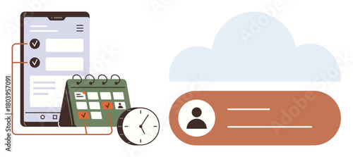 Smartphone task checklist, calendar with date reminders, clock, user profile, and cloud storage. Ideal for productivity, time management, digital tools, scheduling organization planning cloud