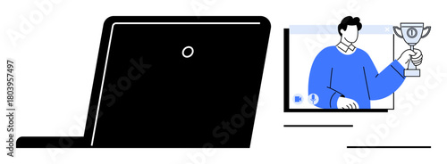 Black laptop with a screen showing a person holding a trophy during a video call. Ideal for remote work, online meetings, achievement concepts, digital events, virtual communication, teamwork