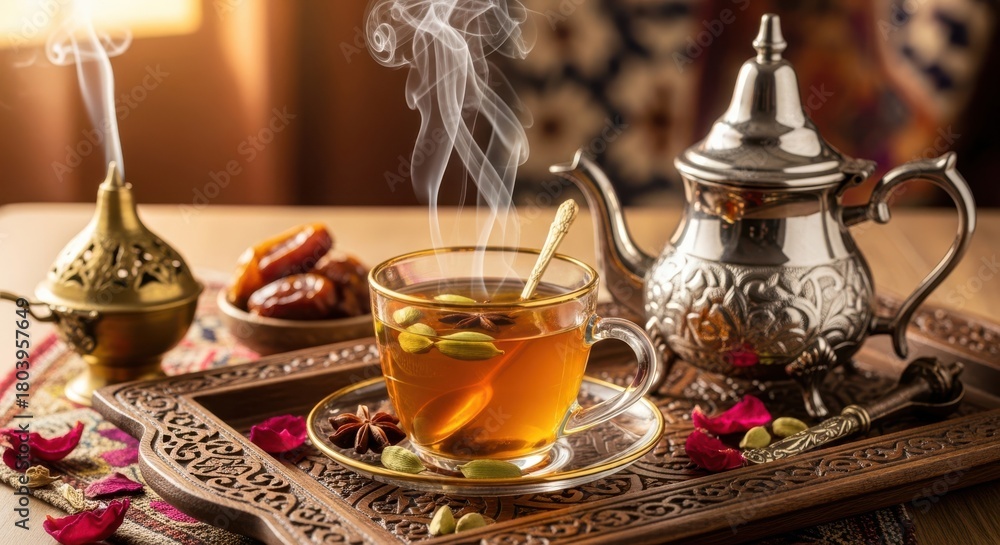 Fototapeta premium Steaming hot traditional arabic tea served with dates and spices on an ornate tray evoking warmth and hospitality