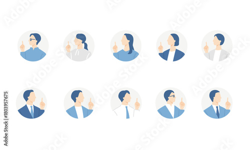 ひらめく、指差しをするビジネスパーソンのアイコンセット　円背景