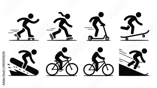  Action Silhouettes: Rollerblading, Scootering, Skateboarding, Cycling, Snowboarding, Downhill Running