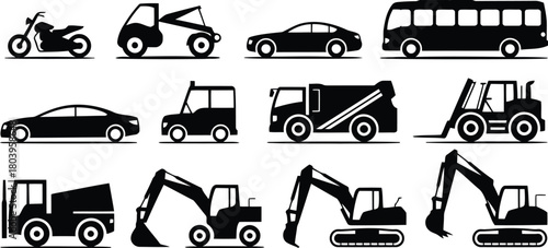 Diverse Vehicle & Machinery Pictograms: Cars, Bus, Motorcycle, Construction Equipment