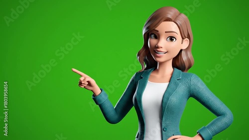 Animated Businesswoman Character Presenting on Green Screen Background.