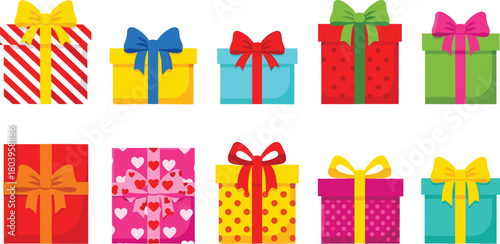 Colorful festive gift boxes collection, bright wrapped presents with bows, holiday celebration packages, decorative surprise boxes for Christmas and birthday designs