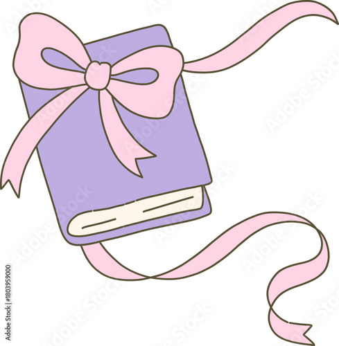 Book Bow Coquette Aesthetic Hand Drawn Vector Illustration Cute reading lover pastel purple pink ribbon feminine vintage literary graphic element