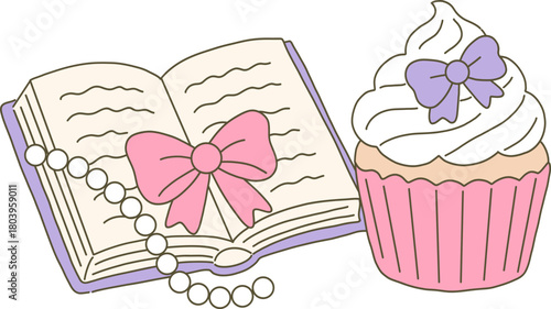 Cupcake Book Coquette Aesthetic Hand Drawn Vector Clip Art Cute reading dessert sweet cake bow pearl illustration feminine food graphic design