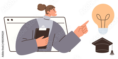 Woman holding clipboard and pointing at lightbulb, graduation cap symbolizing learning, innovation, and success. Ideal for education, mentorship, creativity, leadership, guidance achievements