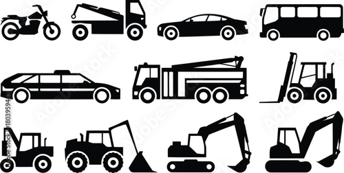 Diverse Vehicle & Machinery Pictograms: Cars, Bus, Motorcycle, Construction Equipment