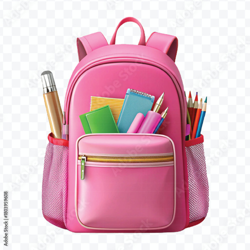 school backpack with books and school supplies in different color style  isolated on transparent background