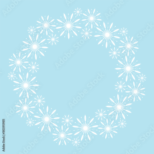 Round frame of white snowflakes on soft blue background. Winter template for cards, designs or invitations. Vector graphics, clip art snowflake rim
