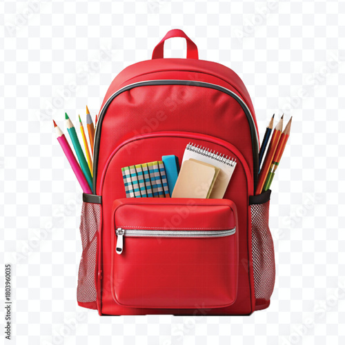 school backpack with books and school supplies in different color style  isolated on transparent background