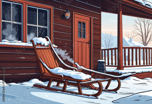 Winter sled on porch of farmhouse, wooden sled leaning against wall, snowy yard, smoke from chimney, cozy rural home. Flat style illustration.