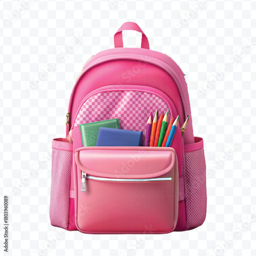 school backpack with books and school supplies in different color style  isolated on transparent background