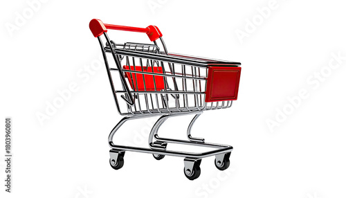 Chrome and red shopping cart against a plain black background