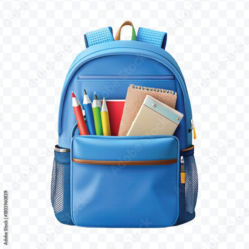 school backpack with books and school supplies in different color style  isolated on transparent background