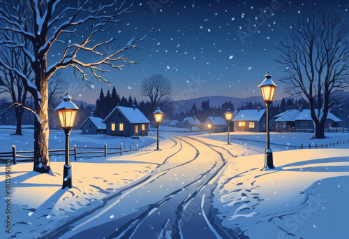 Snowy country road at dusk, path in snow, lantern posts, warm light against blue shadows, rural symbolism, soft snowfall, distant houses. Doodle style illustration.