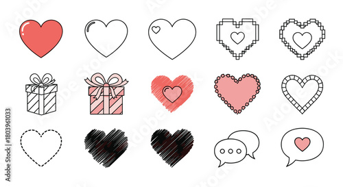 A vibrant assortment of heart symbols, gift boxes, and chat bubbles in various styles, perfect for themes of love and celebration.