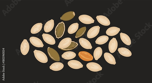A mix of healthy pumpkin seeds, some still in their shells and others shelled, scattered casually on a dark background.