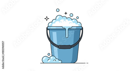 A fresh and clean light blue bucket overflowing with white frothy soap suds, complete with sparkling stars and floating bubbles, ready for cleaning.